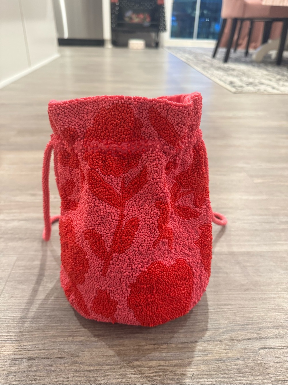 Kate Spade Red Floral beaded Drawstring Bucket Bag